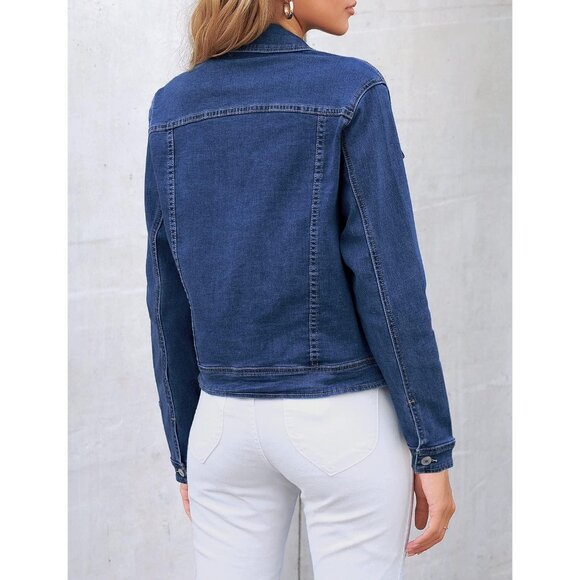 Women's Basic Long Sleeves Button Down Fitted Denim Jean Jacket Blue - Picture 5 of 5